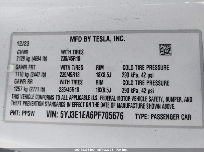 2023 Tesla Model 3 Rear-Wheel Drive VIN: 5YJ3E1EA6PF705676 Lot: 39395400