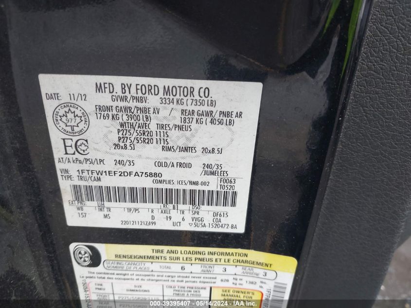 2013 Ford F-150 Xlt VIN: 1FTFW1EF2DFA75880 Lot: 39395407