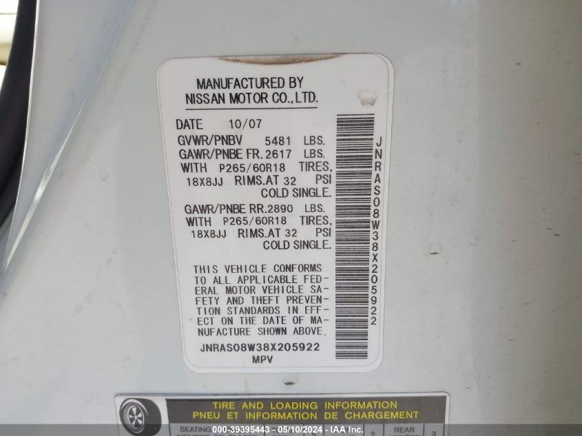 2008 Infiniti Fx35 VIN: JNRAS08W38X205922 Lot: 39395443