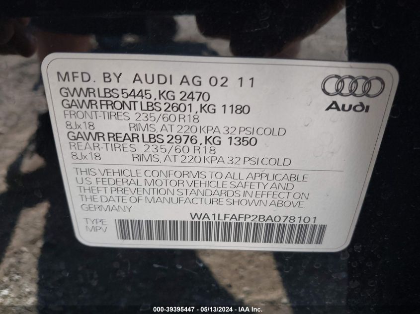 2011 Audi Q5 2.0T Premium VIN: WA1LFAFP2BA078101 Lot: 39395447