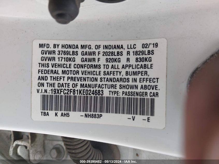 2019 Honda Civic Sport VIN: 19XFC2F81KE024683 Lot: 39395452