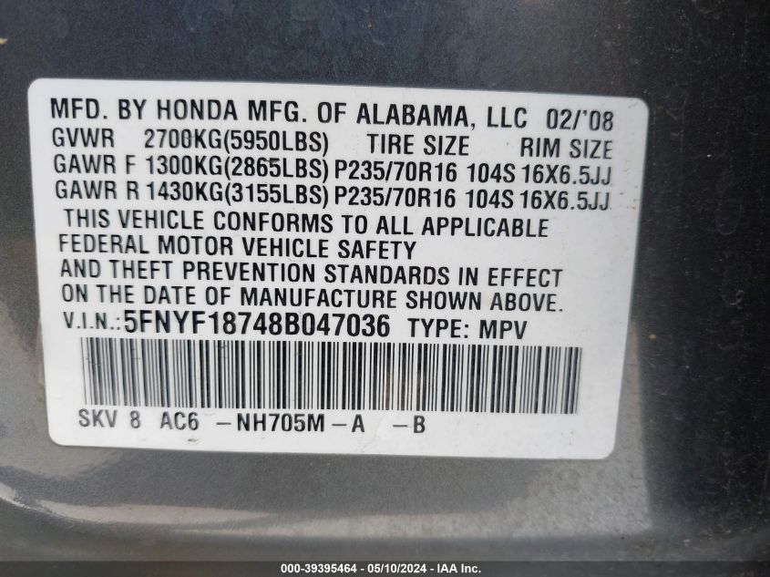 2008 Honda Pilot Ex-L VIN: 5FNYF18748B047036 Lot: 39395464