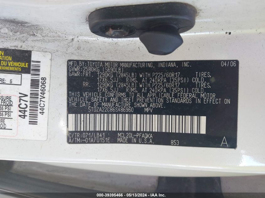 2006 Toyota Sienna Xle VIN: 5TDZA22C86S486960 Lot: 39395466