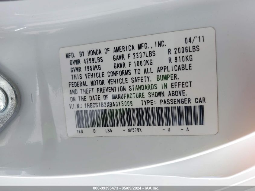 2011 Honda Accord 2.4 Lx-S VIN: 1HGCS1B3XBA015009 Lot: 39395473