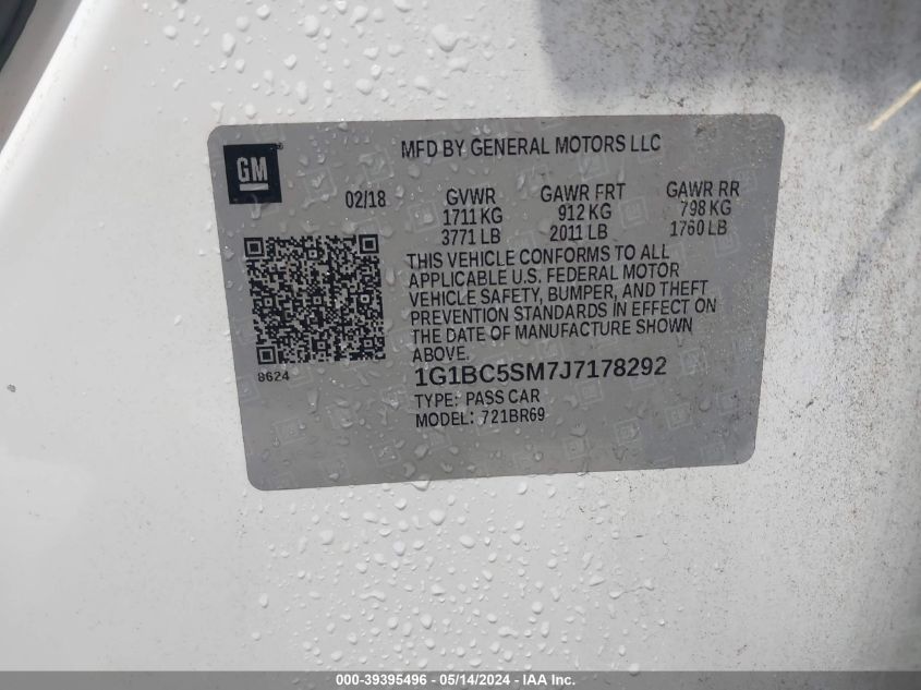 2018 Chevrolet Cruze Ls Auto VIN: 1G1BC5SM7J7178292 Lot: 39395496