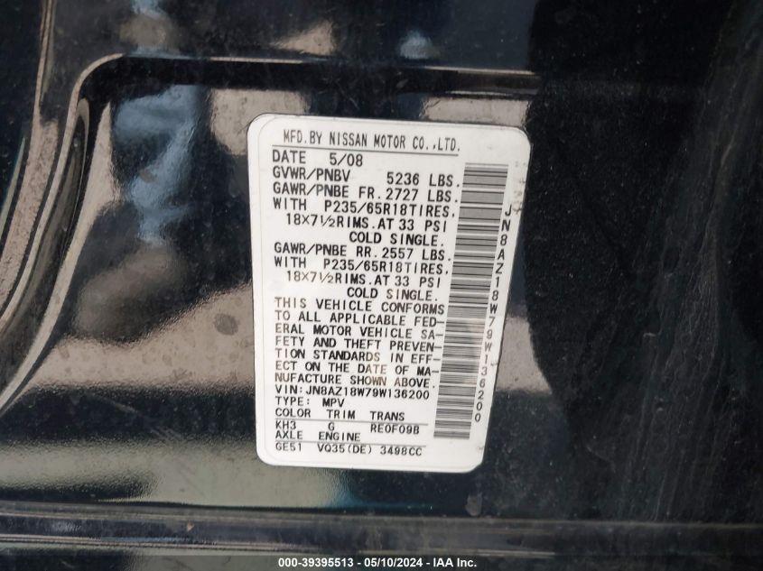 2009 Nissan Murano S VIN: JN8AZ18W79W136200 Lot: 39395513