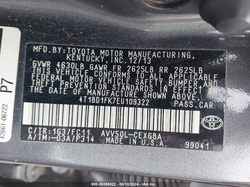 2014 Toyota Camry Hybrid Xle VIN: 4T1BD1FK7EU109322 Lot: 39395522