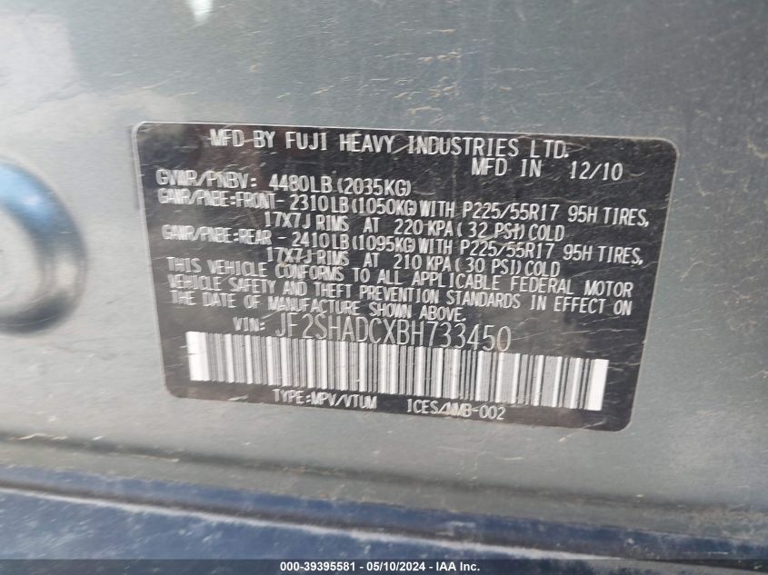 2011 Subaru Forester 2.5X Premium VIN: JF2SHADCXBH733450 Lot: 39395581