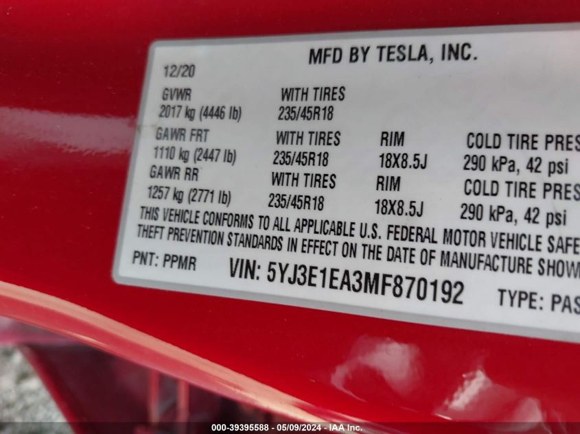 2021 Tesla Model 3 Standard Range Plus Rear-Wheel Drive VIN: 5YJ3E1EA3MF870192 Lot: 39395588