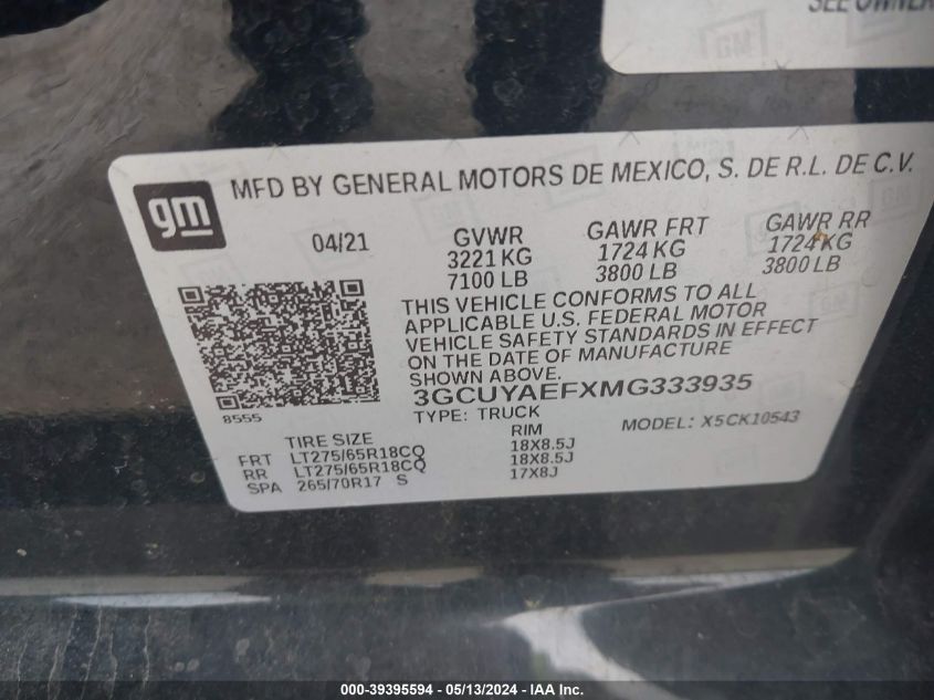 2021 Chevrolet Silverado 1500 4Wd Short Bed Wt VIN: 3GCUYAEFXMG333935 Lot: 39395594