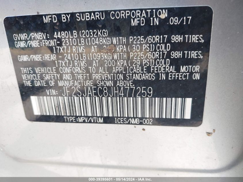 2018 SUBARU FORESTER 2.5I PREMIUM - JF2SJAEC8JH477259