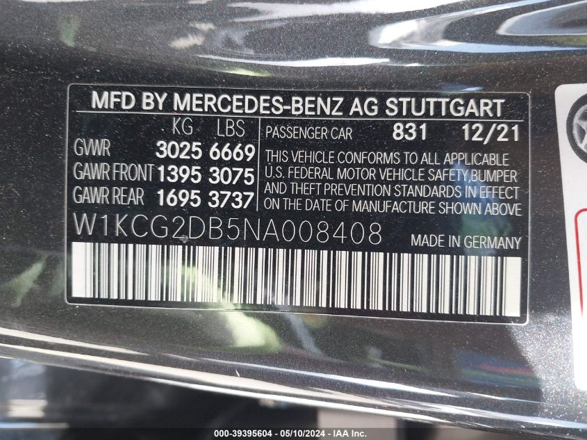 2022 Mercedes-Benz Eqs 450+ VIN: W1KCG2DB5NA008408 Lot: 39395604