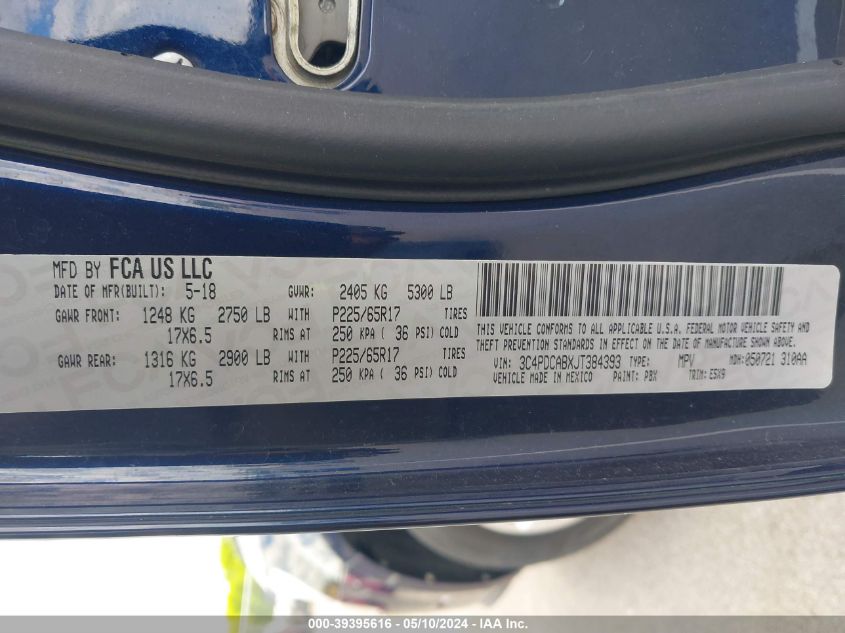 2018 Dodge Journey Se VIN: 3C4PDCABXJT384393 Lot: 39395616