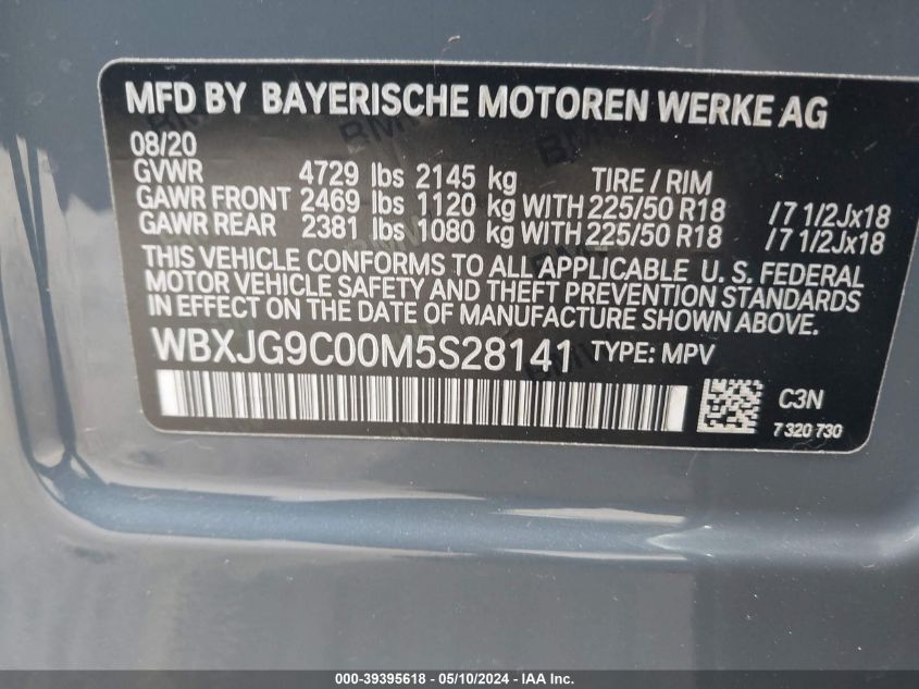 2021 BMW X1 xDrive28I VIN: WBXJG9C00M5S28141 Lot: 39395618