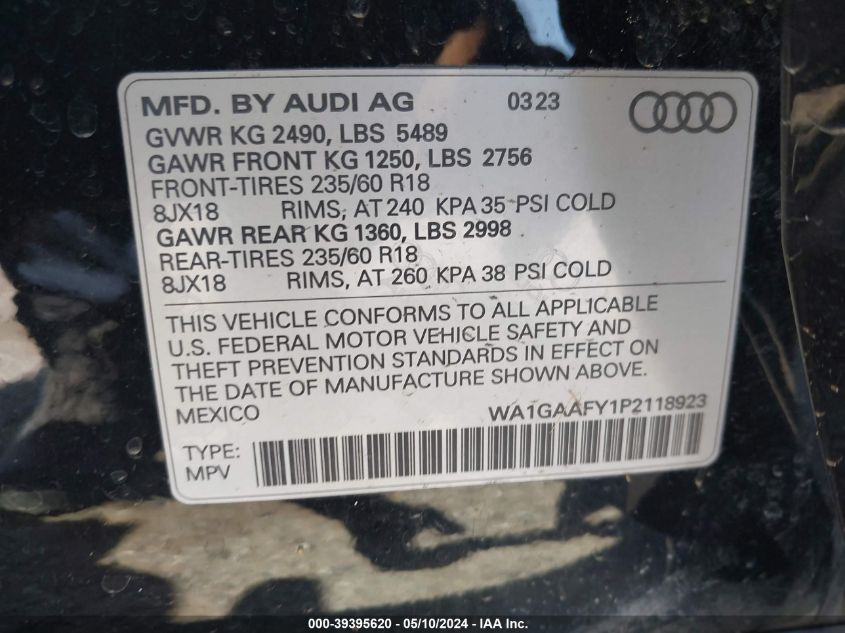 2023 Audi Q5 Premium 45 Tfsi S Line Quattro VIN: WA1GAAFY1P2118923 Lot: 39395620