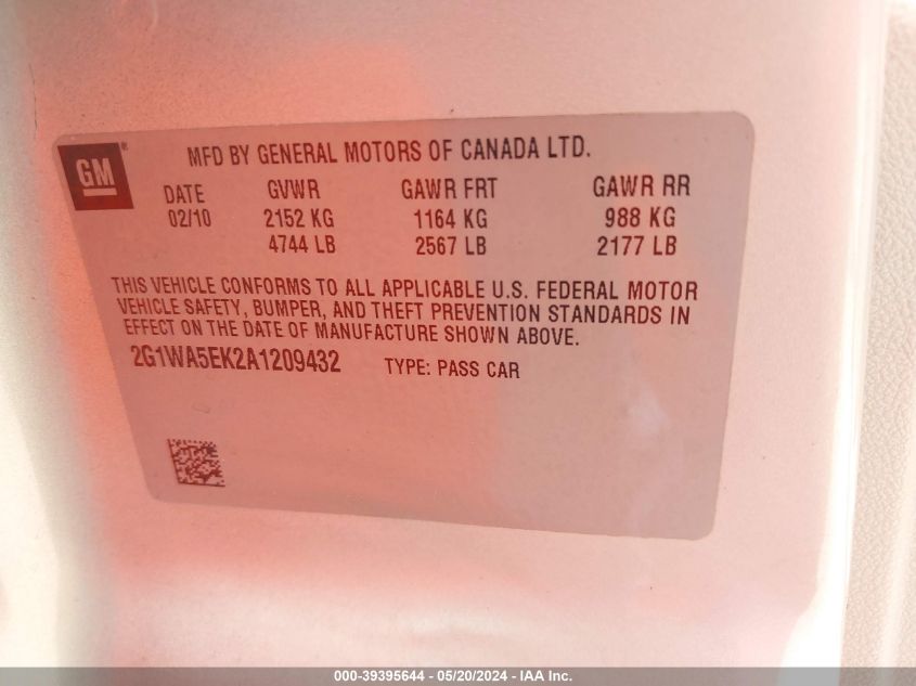 2010 Chevrolet Impala Ls VIN: 2G1WA5EK2A1209432 Lot: 39395644