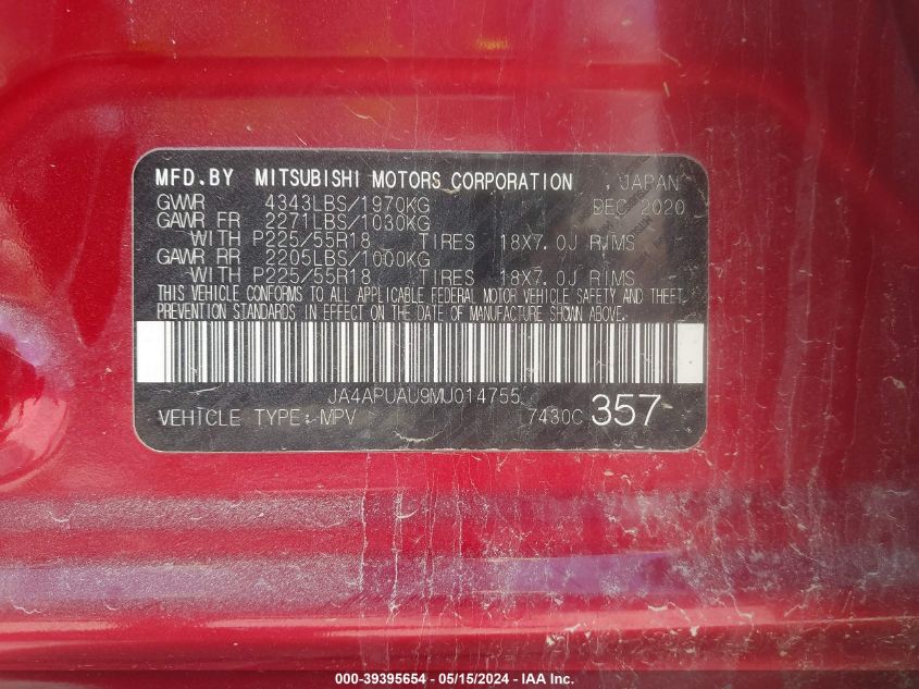2021 Mitsubishi Outlander Sport 2.0 Be 2Wd/2.0 Es 2Wd/2.0 Le 2Wd/2.0 S 2Wd VIN: JA4APUAU9MU014755 Lot: 39395654