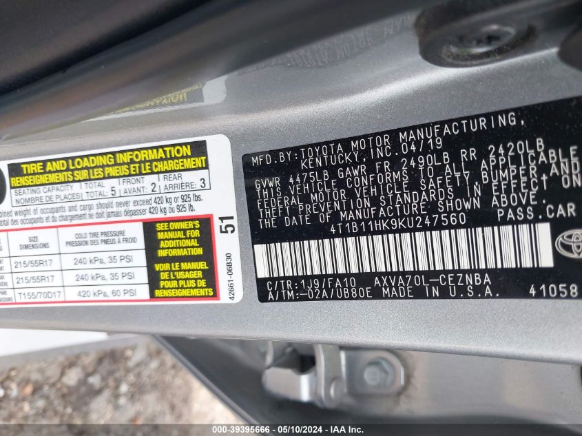 2019 Toyota Camry Le VIN: 4T1B11HK9KU247560 Lot: 39395666