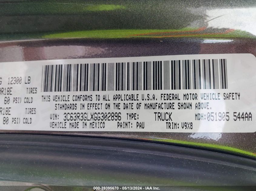 2016 Ram 3500 Tradesman VIN: 3C63R3GLXGG302896 Lot: 39395670