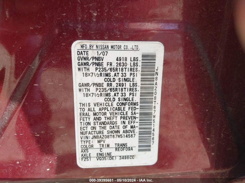 2007 Nissan Murano Sl VIN: JN8AZ08T67W514567 Lot: 39395681