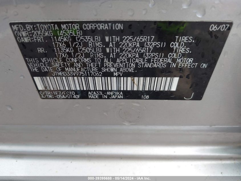 2007 Toyota Rav4 VIN: JTMBD33V975117062 Lot: 39395688