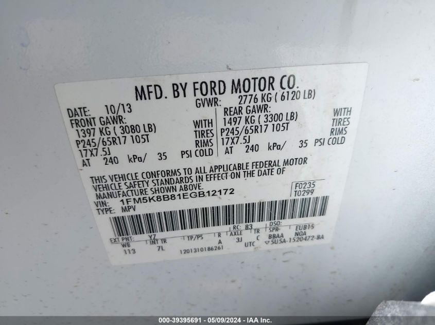 2014 Ford Explorer VIN: 1FM5K8B81EGB12172 Lot: 39395691