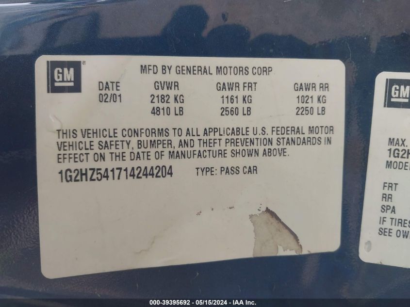 2001 Pontiac Bonneville Ssei VIN: 1G2HZ541714244204 Lot: 39395692