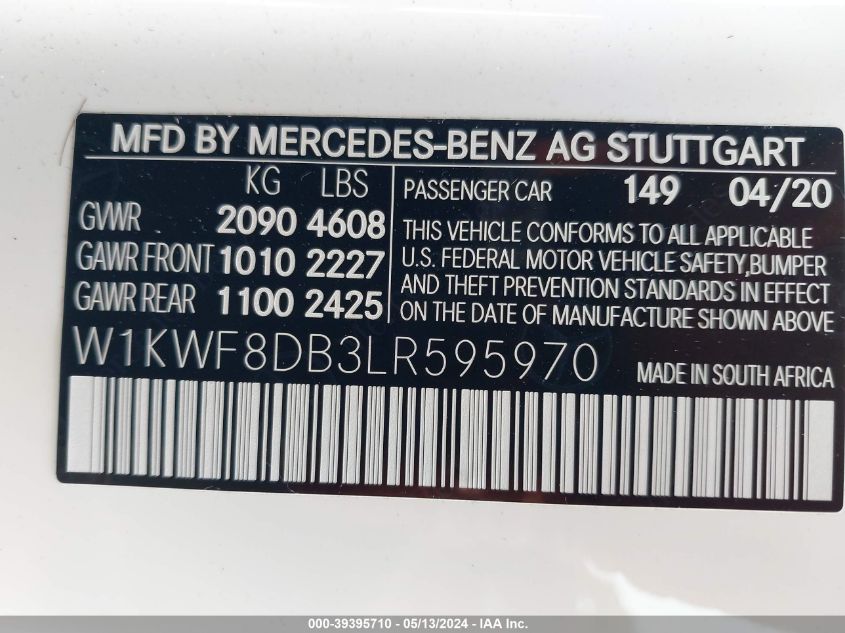 2020 Mercedes-Benz C 300 VIN: W1KWF8DB3LR595970 Lot: 39395710