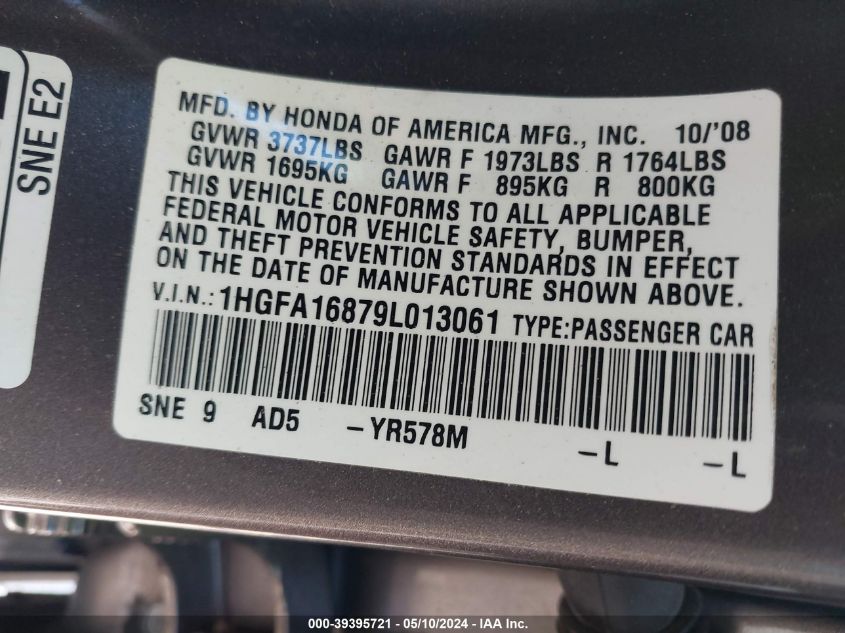 2009 Honda Civic Ex VIN: 1HGFA16879L013061 Lot: 39395721