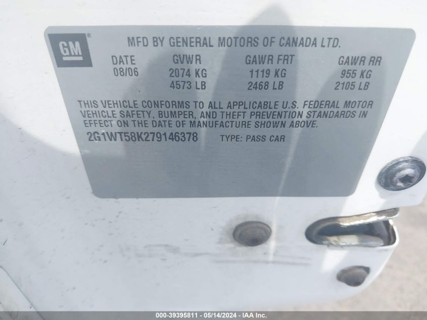 2007 Chevrolet Impala Lt VIN: 2G1WT58K279146378 Lot: 39395811