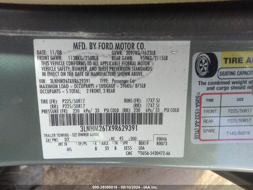 2009 Lincoln Mkz VIN: 3LNHM26TX9R629391 Lot: 39395818