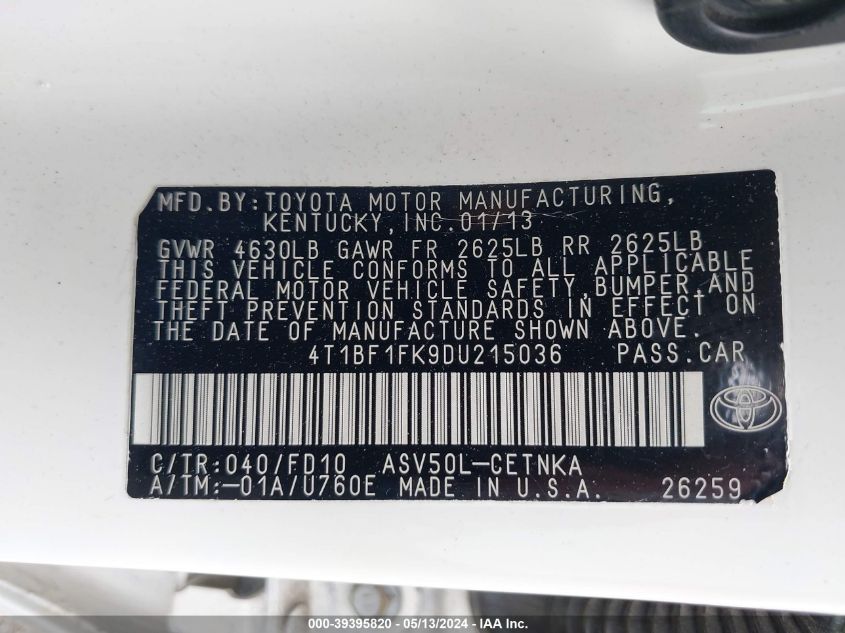 2013 Toyota Camry Le VIN: 4T1BF1FK9DU215036 Lot: 39395820