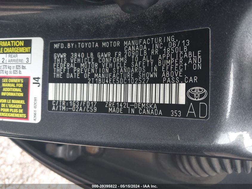 2013 Toyota Corolla S VIN: 2T1BU4EE5DC102527 Lot: 39395822