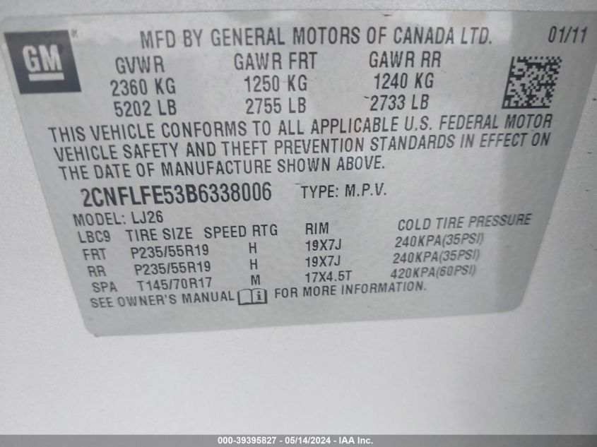2011 Chevrolet Equinox Ltz VIN: 2CNFLFE53B6338006 Lot: 39395827