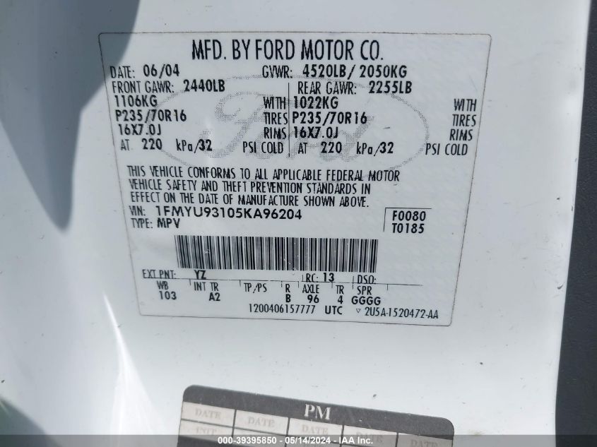 2005 Ford Escape Xlt VIN: 1FMYU93105KA96204 Lot: 39395850