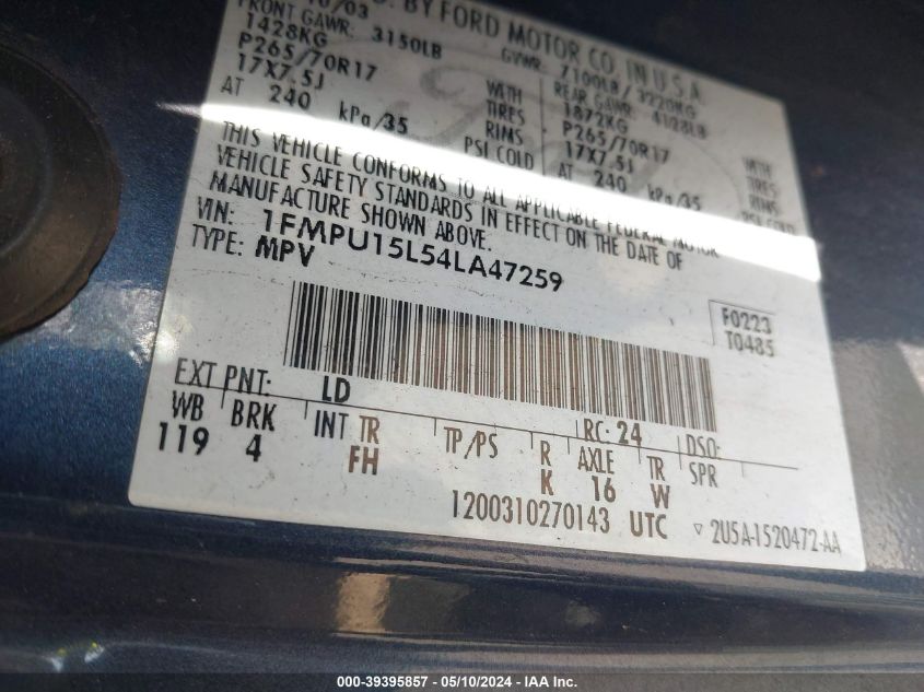 2004 Ford Expedition Xlt VIN: 1FMPU15L54LA47259 Lot: 39395857