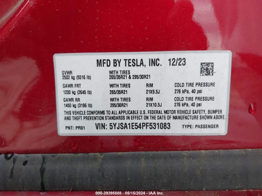 2023 Tesla Model S Dual Motor All-Wheel Drive/Standard Range VIN: 5YJSA1E54PF531083 Lot: 39395888