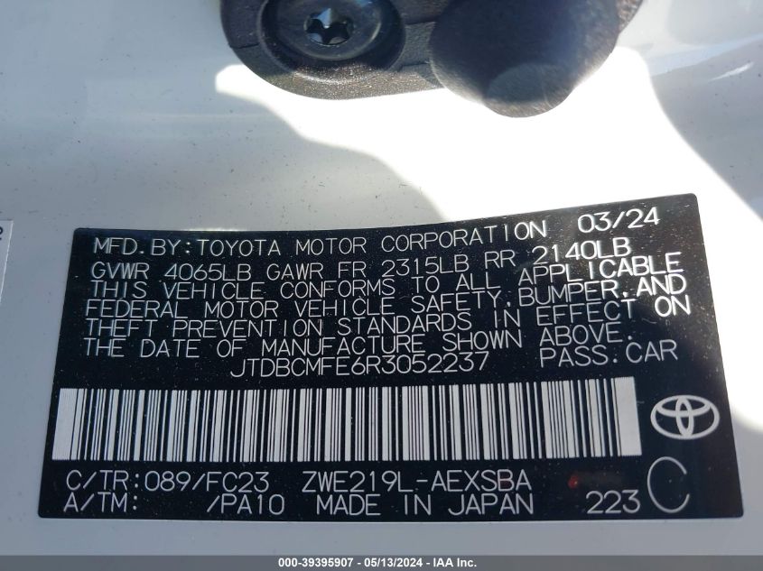 2024 Toyota Corolla Hybrid Se VIN: JTDBCMFE6R3052237 Lot: 39395907