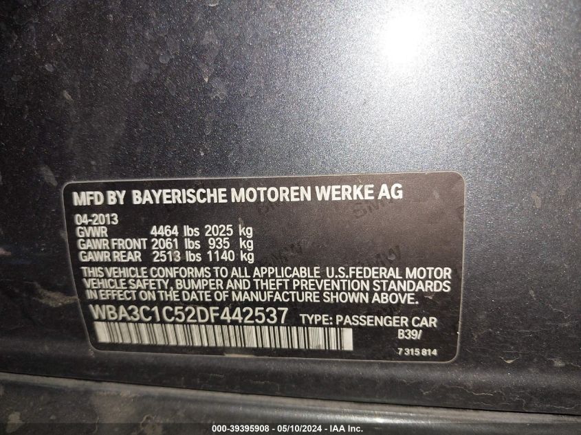 2013 BMW 328I VIN: WBA3C1C52DF442537 Lot: 39395908