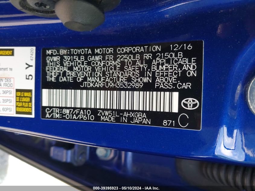 2017 Toyota Prius Three VIN: JTDKARFU9H3532989 Lot: 39395923