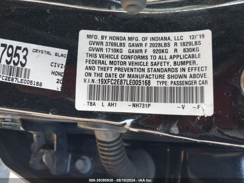 2020 Honda Civic Sport VIN: 19XFC2E87LE005168 Lot: 39395938