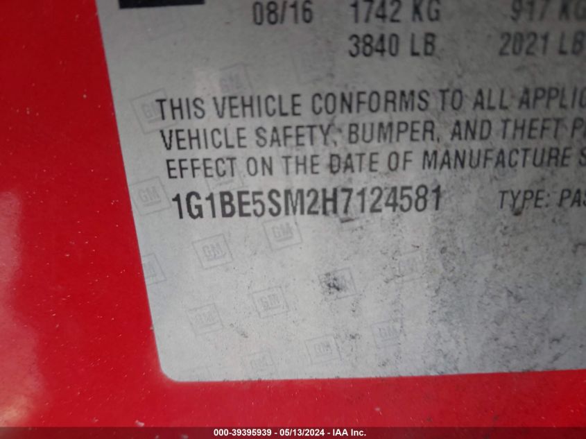 2017 Chevrolet Cruze Lt Auto VIN: 1G1BE5SM2H7124581 Lot: 39395939