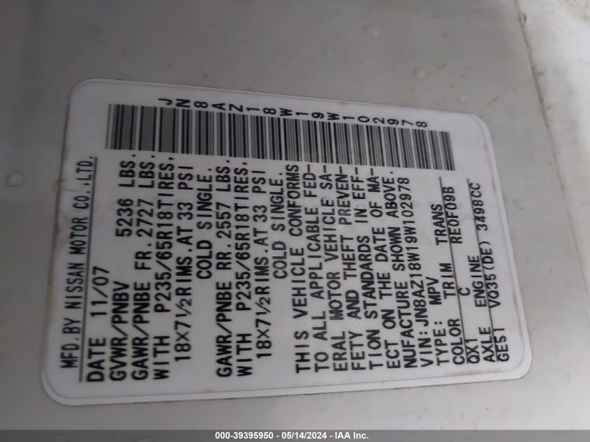 2009 Nissan Murano S VIN: JN8AZ18W19W102978 Lot: 39395950