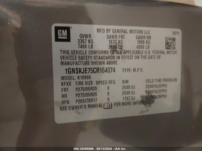 2012 Chevrolet Suburban K1500 Lt VIN: 1GNSKJE75CR164074 Lot: 39395956