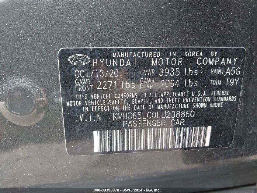 2020 Hyundai Ioniq Hybrid Blue VIN: KMHC65LC0LU238860 Lot: 39395970