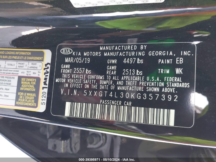 2019 Kia Optima Lx VIN: 5XXGT4L30KG357392 Lot: 39395971