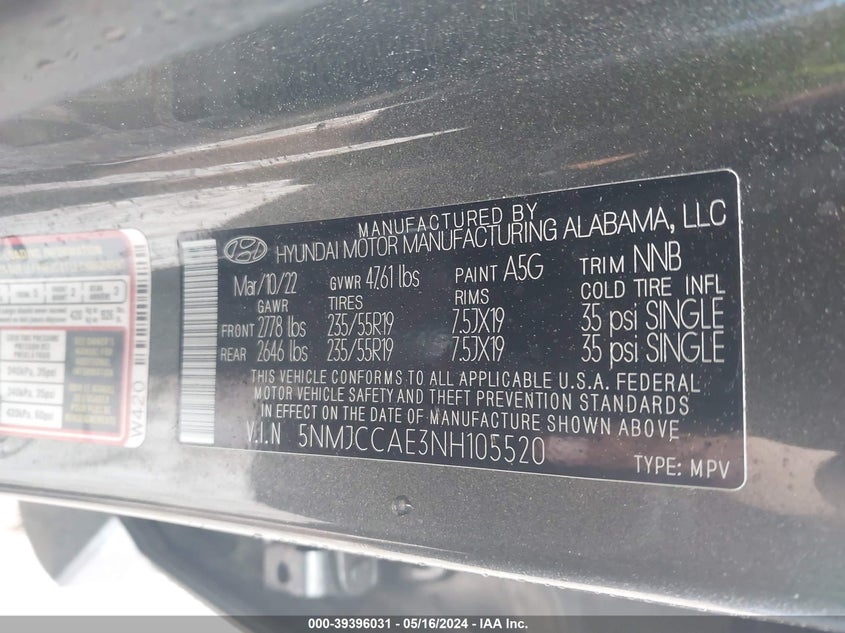 VIN 5NMJCCAE3NH105520 2022 HYUNDAI TUCSON SEL