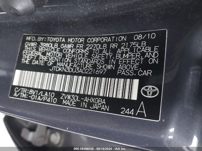 2010 Toyota Prius VIN: JTDKN3DU3A0221697 Lot: 39396038