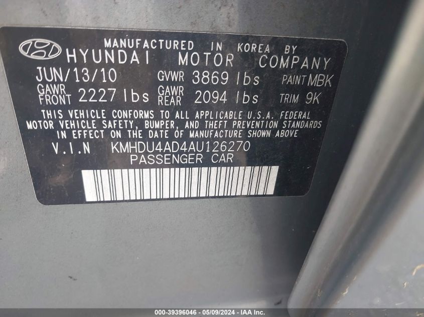 2010 Hyundai Elantra Gls VIN: KMHDU4AD4AU126270 Lot: 39396046