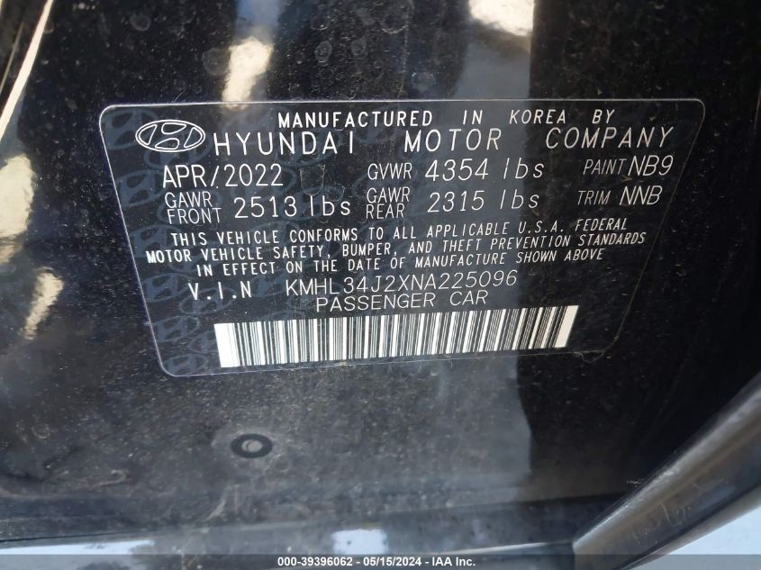2022 Hyundai Sonata Limited VIN: KMHL34J2XNA225096 Lot: 39396062